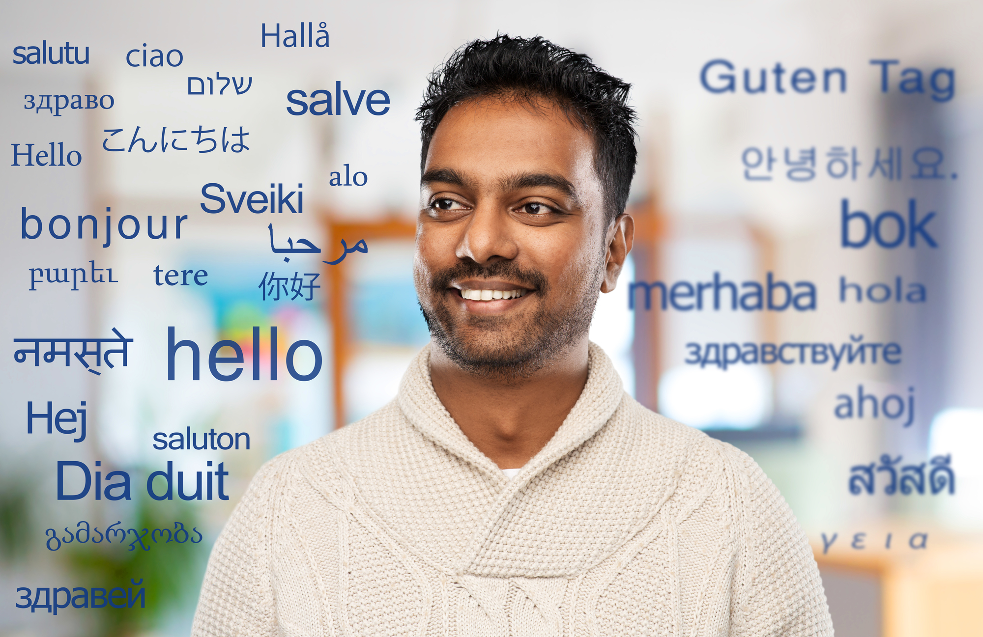 indian man over words in foreign languages